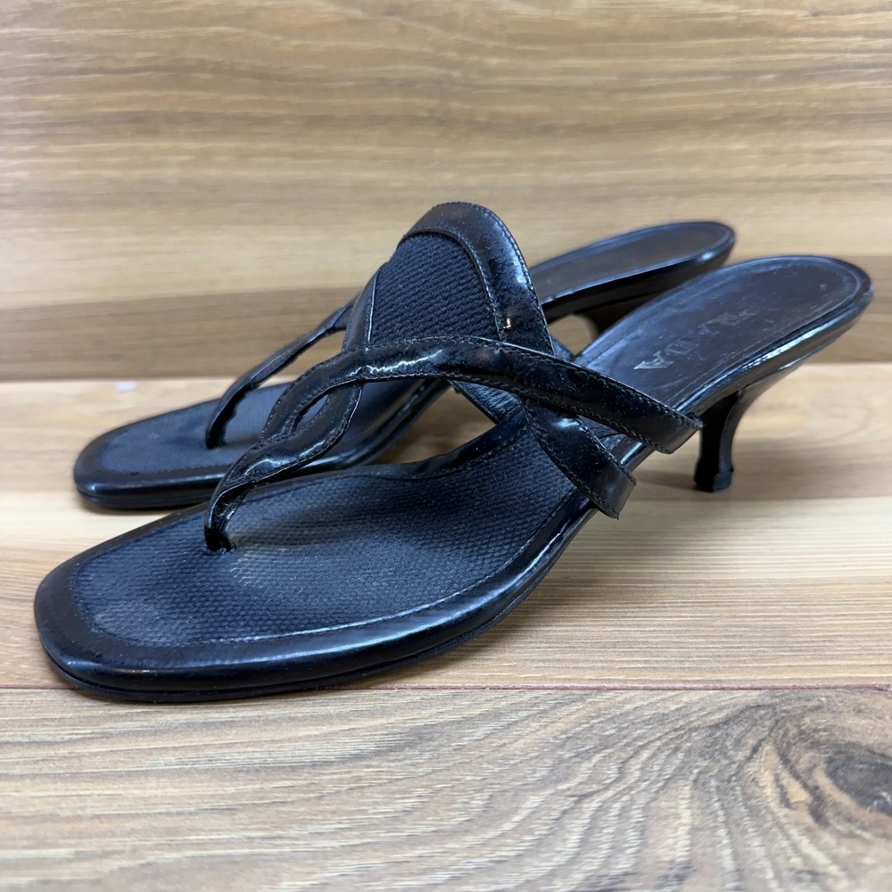 PRADA Y2K Vintage Kitten Heels 36.5 Black Leather T Strap Thong Sandals